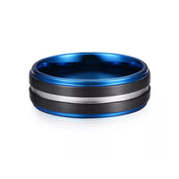 8mm Blue Tungsten Carbide Ring W/ Black Brush & Silver Center Groove