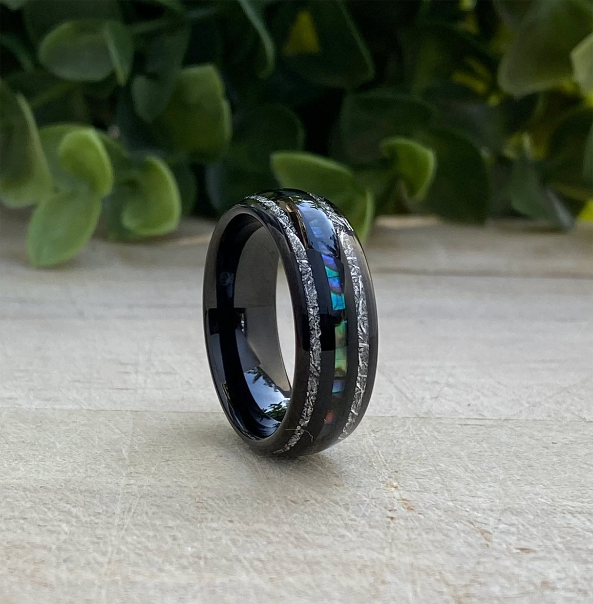 8mm - Mens Domed Tungsten Meteorite Ring, W/ Abalone Shell Inlay