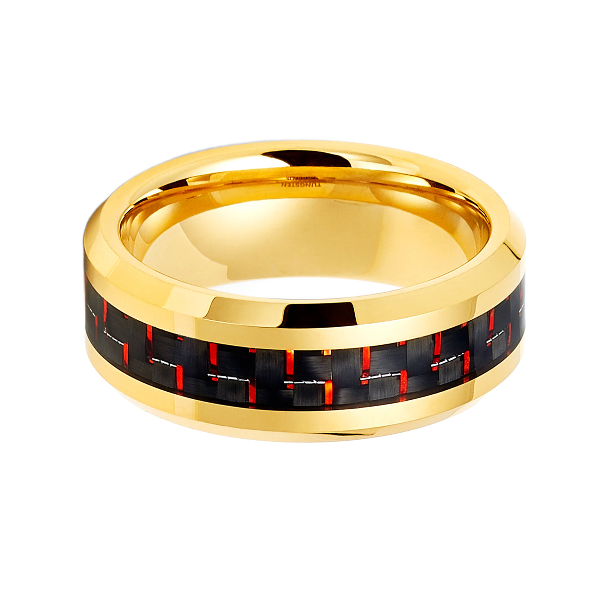 8MM Gold TUNGSTEN Carbide RING WITH Red CARBON FIBER INLAY