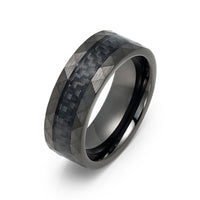 8mm- Black Tungsten Ring W. Center Carbon Fiber & Faceted Sides