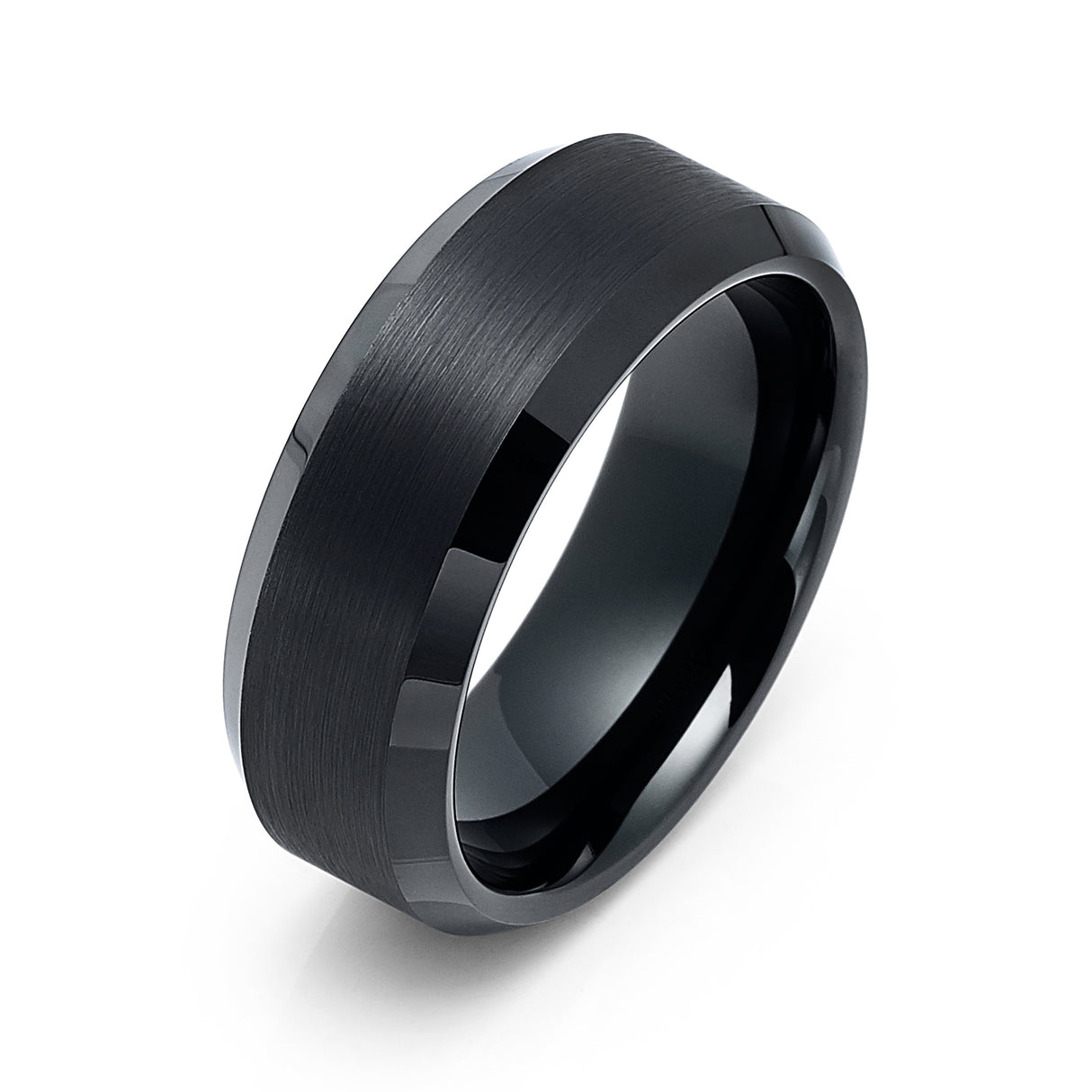 8mm Black Tungsten Carbide Ring Brushed Center Beveled Edges