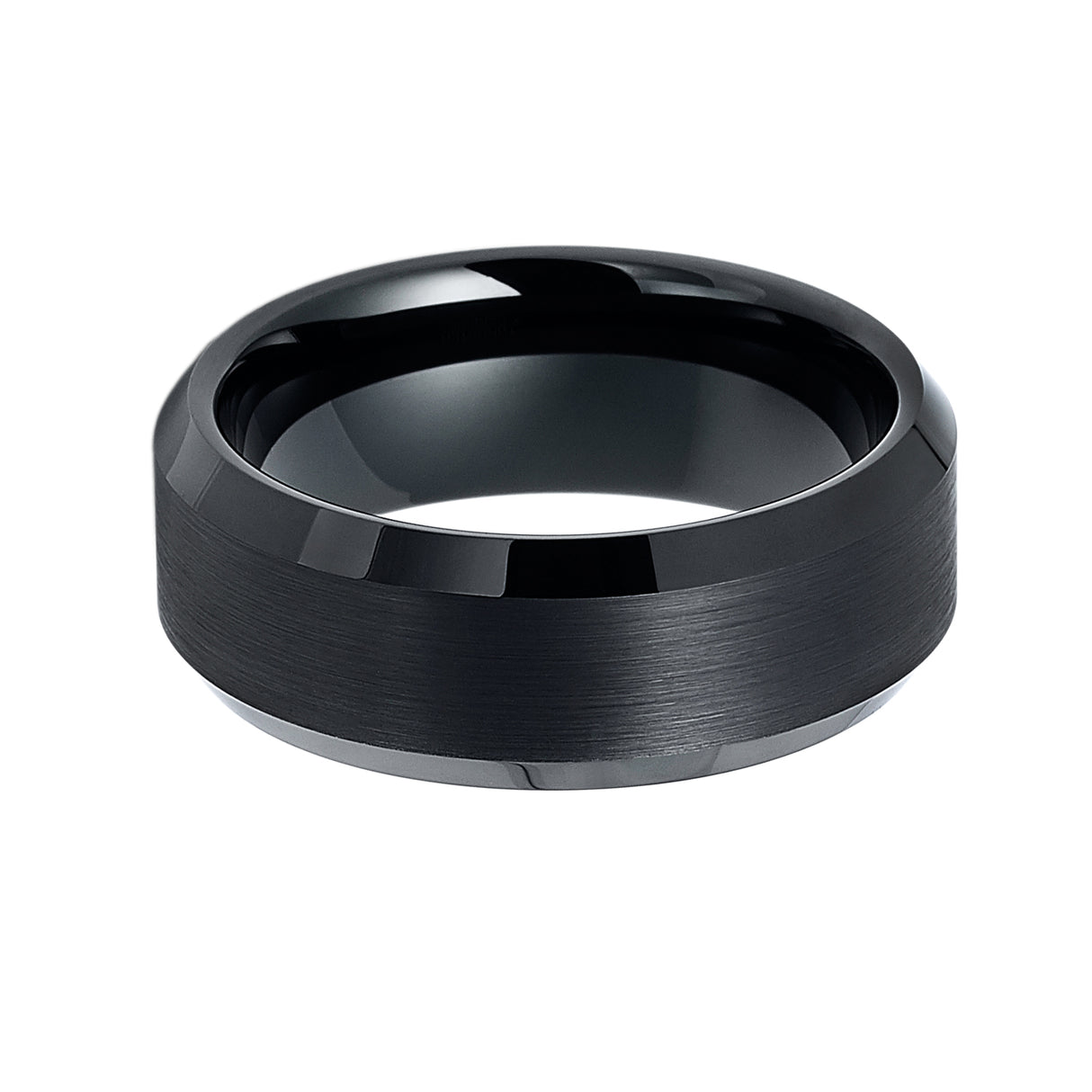 8mm Black Tungsten Carbide Ring Brushed Center Beveled Edges