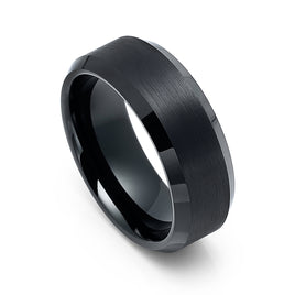 8mm Black Tungsten Carbide Ring Brushed Center Beveled Edges