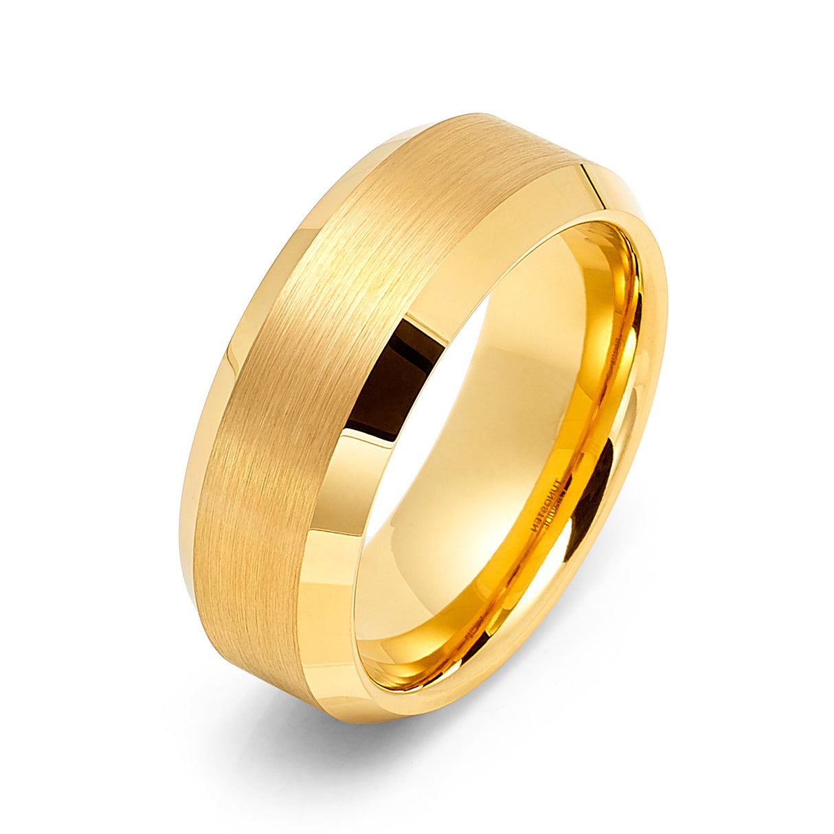 8mm - 14k Yellow Gold Tungsten Carbide Band Beveled Edges Brush Center