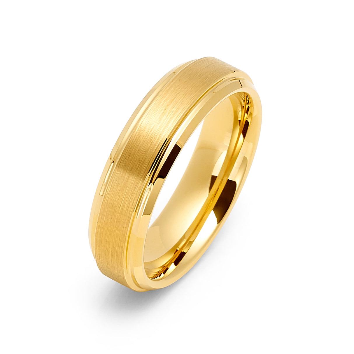 6mm - 14k Yellow Gold Tungsten Carbide Wedding Band Stepped Edges Brush Center