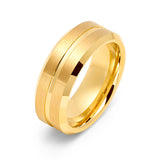 8mm Gold Tungsten Wedding Ring Center Grove Brushed W/ Beveled Edges