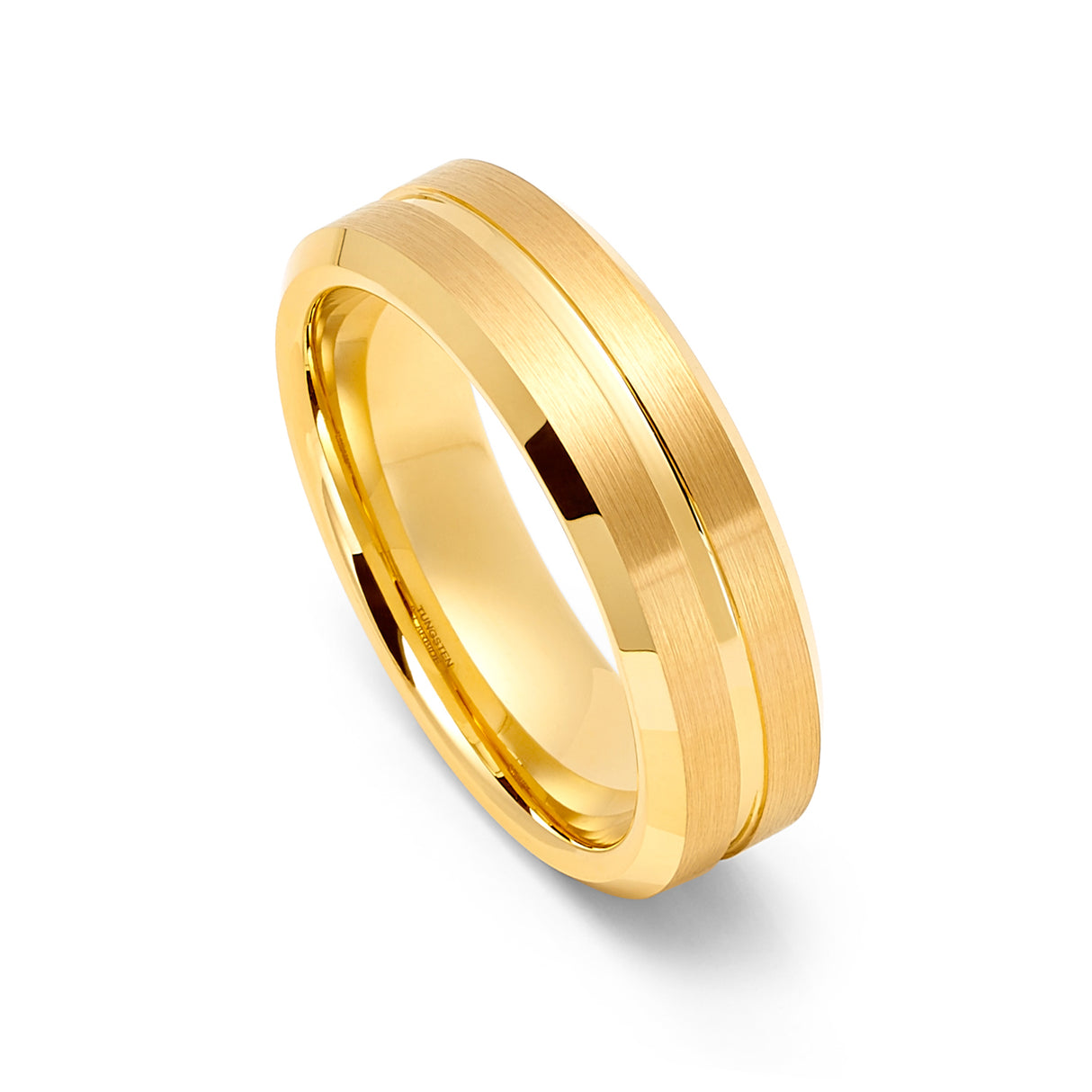 6mm Gold Tungsten Wedding Ring Center Grove Brushed W/ Beveled Edges