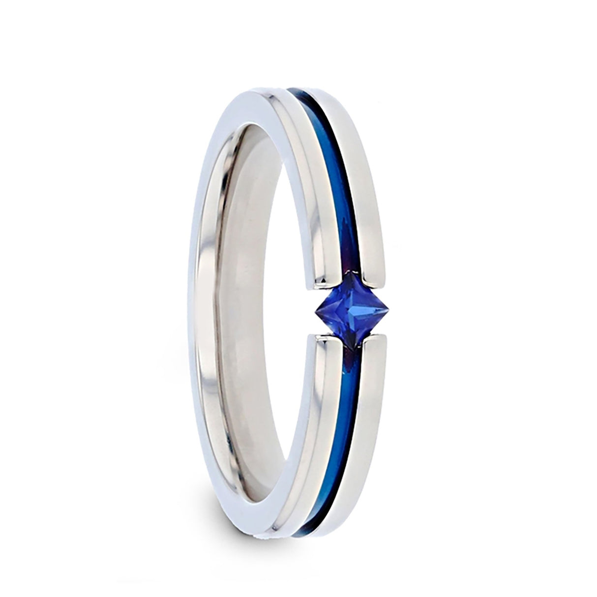 4mm - Blue Stripe Titanium Wedding Band with Blue Sapphire