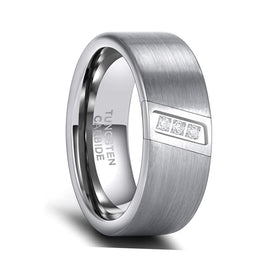 8mm - Silver Tungsten Wedding Ring, Brushed Finish, 3 Cubic Zircon Diamonds