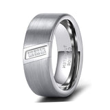 8mm - Silver Tungsten Wedding Ring, Brushed Finish, 3 Cubic Zircon Diamonds