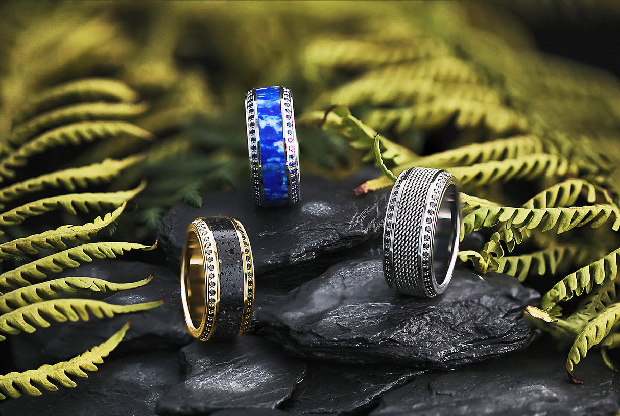 HYDRA Lapis Lazuli Inlaid Titanium Wedding Ring Polished Beveled Edges Set with Round Blue Diamonds - 10mm