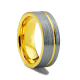 Yellow Gold Brushed Tungsten Carbide Wedding Ring with Off Center Gold Groove, 8mm