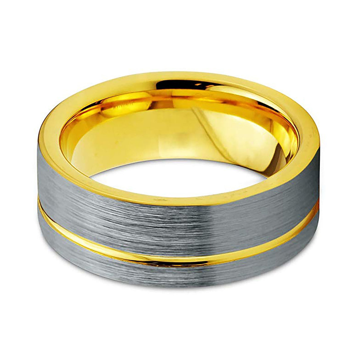 Yellow Gold Brushed Tungsten Carbide Wedding Ring with Off Center Gold Groove, 8mm