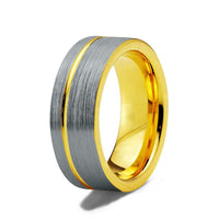 Yellow Gold Brushed Tungsten Carbide Wedding Ring with Off Center Gold Groove, 8mm