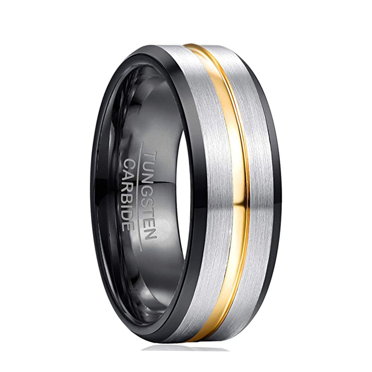 8mm - Black Tungsten Ring Silver Brush With Gold Groove, Wedding Ring