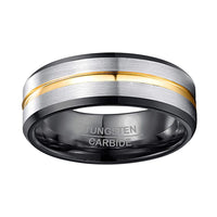 8mm - Black Tungsten Ring Silver Brush With Gold Groove, Wedding Ring