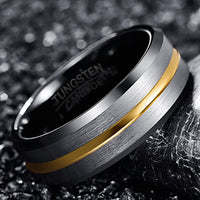 8mm - Black Tungsten Ring Silver Brush With Gold Groove, Wedding Ring