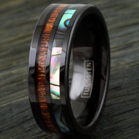 6MMmm - Black Tungsten Whiskey Barrel Wood Ring, W/ ABALONE INLAY RING