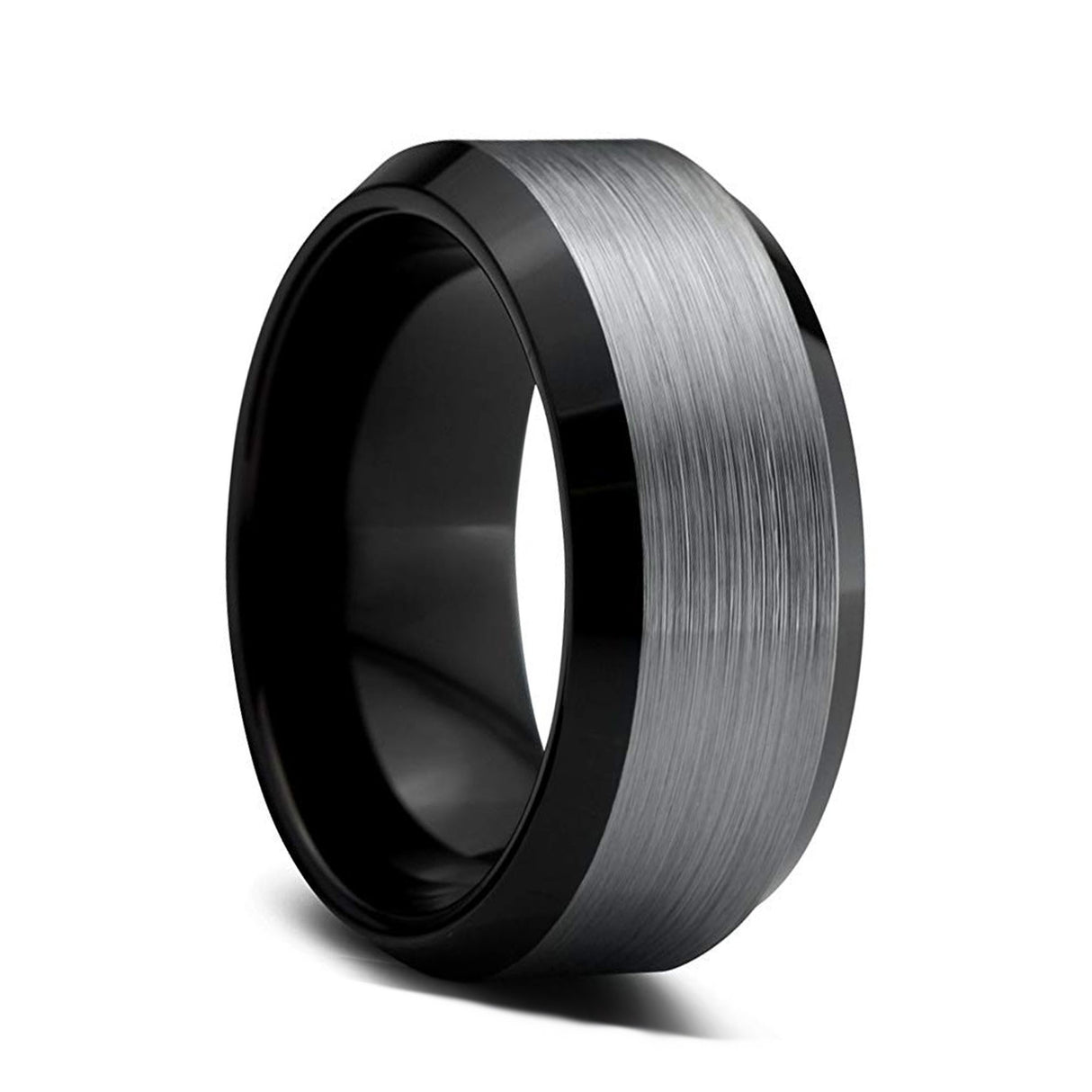 10mm- GunMetal Tungsten Carbide Wedding Band with Black Beveled Edges Brush Center