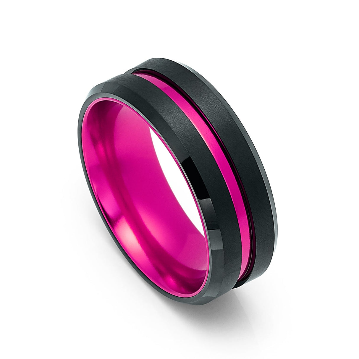 8mm - Black & Hot Pink Groove Tungsten Wedding Band Beveled Edges