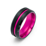 8mm - Black & Hot Pink Groove Tungsten Wedding Band Beveled Edges