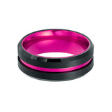 8mm - Black & Hot Pink Groove Tungsten Wedding Band Beveled Edges