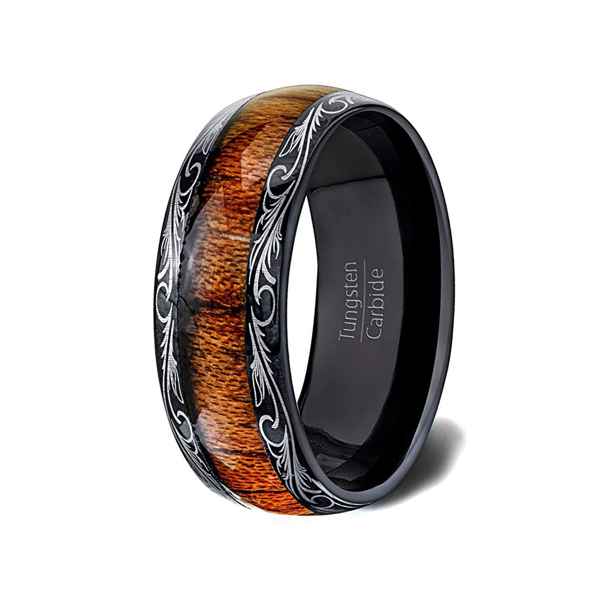 8mm - Mens Wedding Band, Black Tungsten Ring, Koa Wood Inlay, Dome Comfort Fit