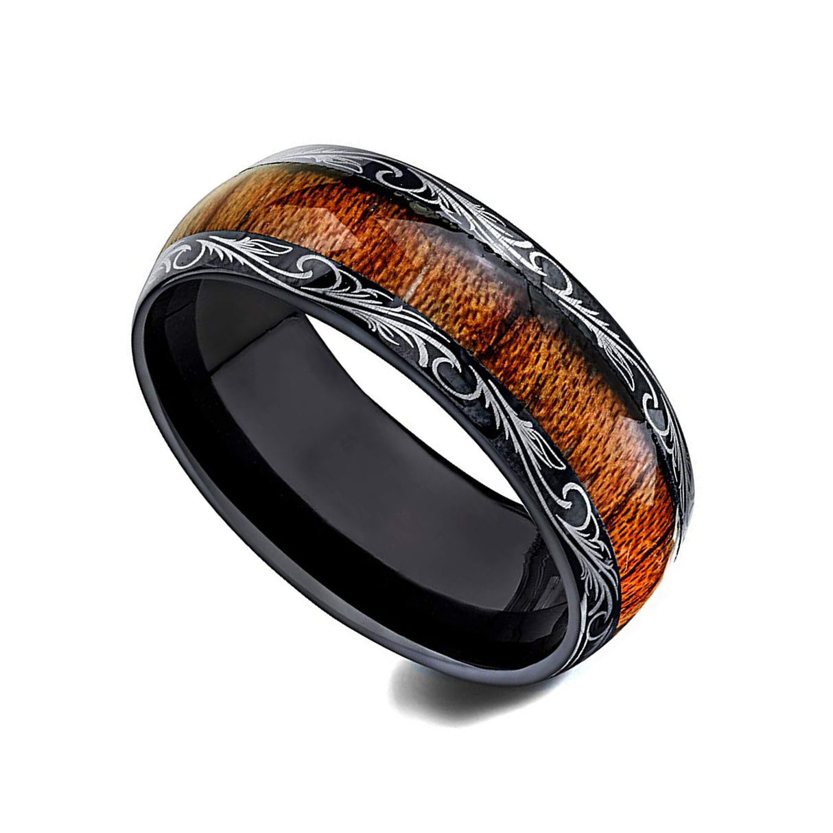 8mm - Mens Wedding Band, Black Tungsten Ring, Koa Wood Inlay, Dome Comfort Fit