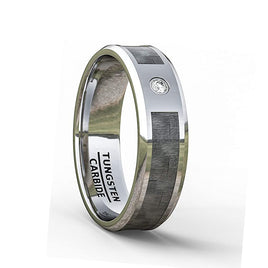 8mm - Silver Tungsten Ring Polished Finish Black Carbon Fiber inlay W/ CZ Diamond