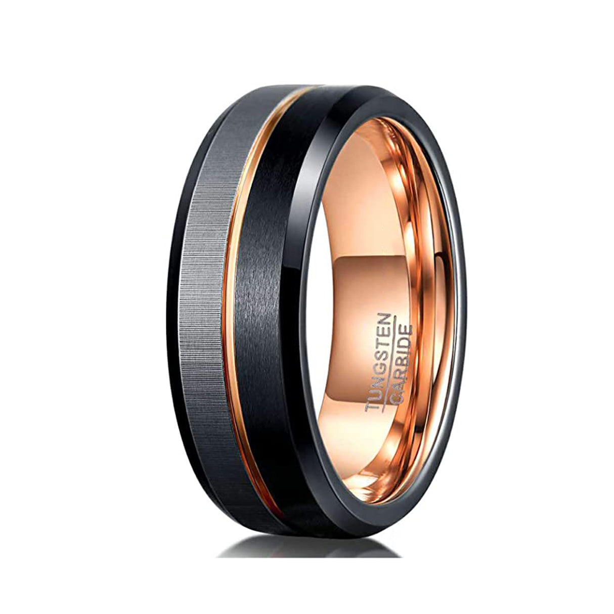 8MM - Black & Rose Gold Tungsten Ring Matte Finish Brushed Laser Horizontal Grain