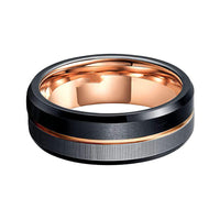 8MM - Black & Rose Gold Tungsten Ring Matte Finish Brushed Laser Horizontal Grain