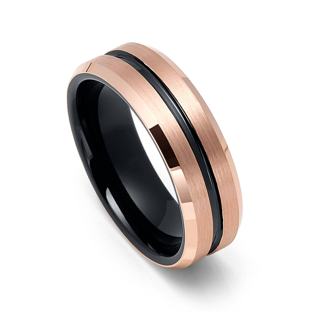 6mm - Tungsten Wedding Band Two-Tone Rose Gold & Black Center Groove