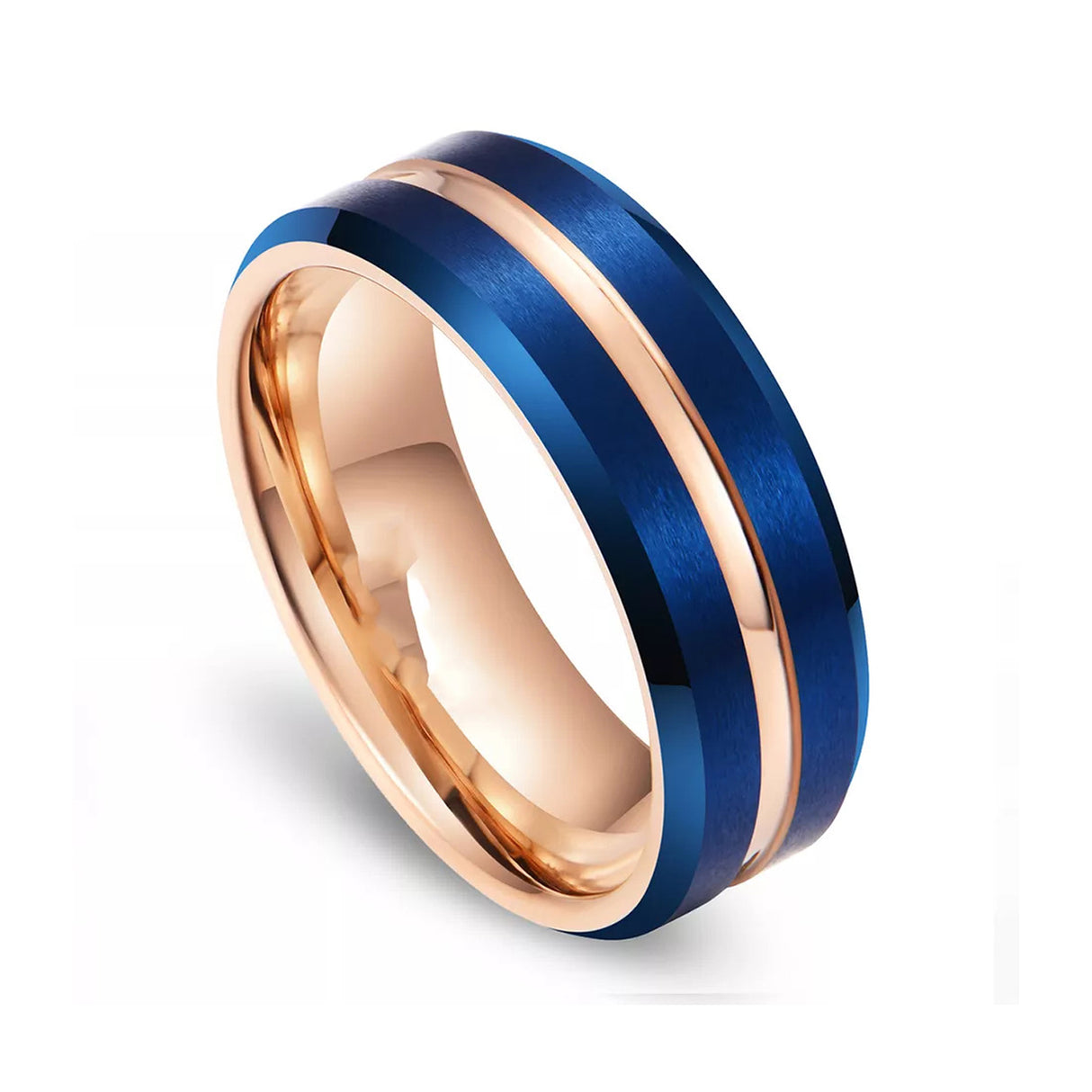 8mm - Rose Gold & Blue Brush Matte Finish Tungsten Carbide Ring Beveled Edge