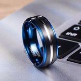 8mm Blue Tungsten Carbide Ring W/ Black Brush & Silver Center Groove