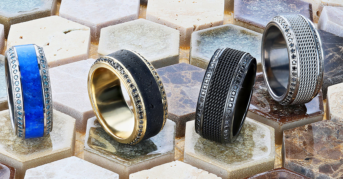 10mm KNIGHT Steel Chain Black Titanium Wedding Ring with Round Black Diamonds