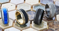 GAUNTLET Steel Chain Titanium Wedding Ring Polished Beveled Edges Set with Round Black Diamonds - 10mm