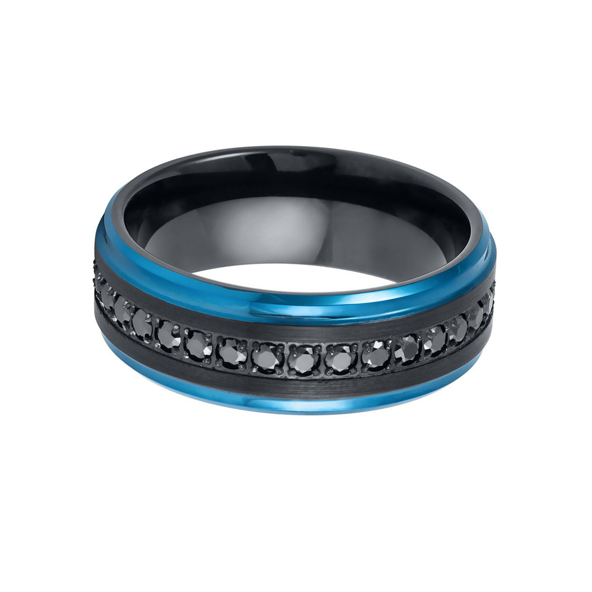 BRUSHED BLACK Tungsten RING, Blue Stepped EDGES, BLACK SAPPHIRE ALL AROUND - 8MM