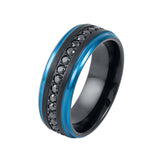 BRUSHED BLACK Tungsten RING, Blue Stepped EDGES, BLACK SAPPHIRE ALL AROUND - 8MM