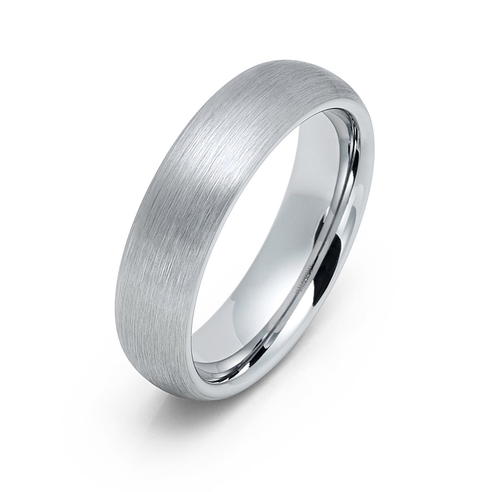 6mm - Tungsten Wedding Band Silver Brushed Center Finish, Dome Ring