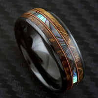 8mm - Black Tungsten Whiskey Double Barrel Wood Ring, W/ ABALONE INLAY BETWEEN TWO GENUINE GUITAR STRINGS