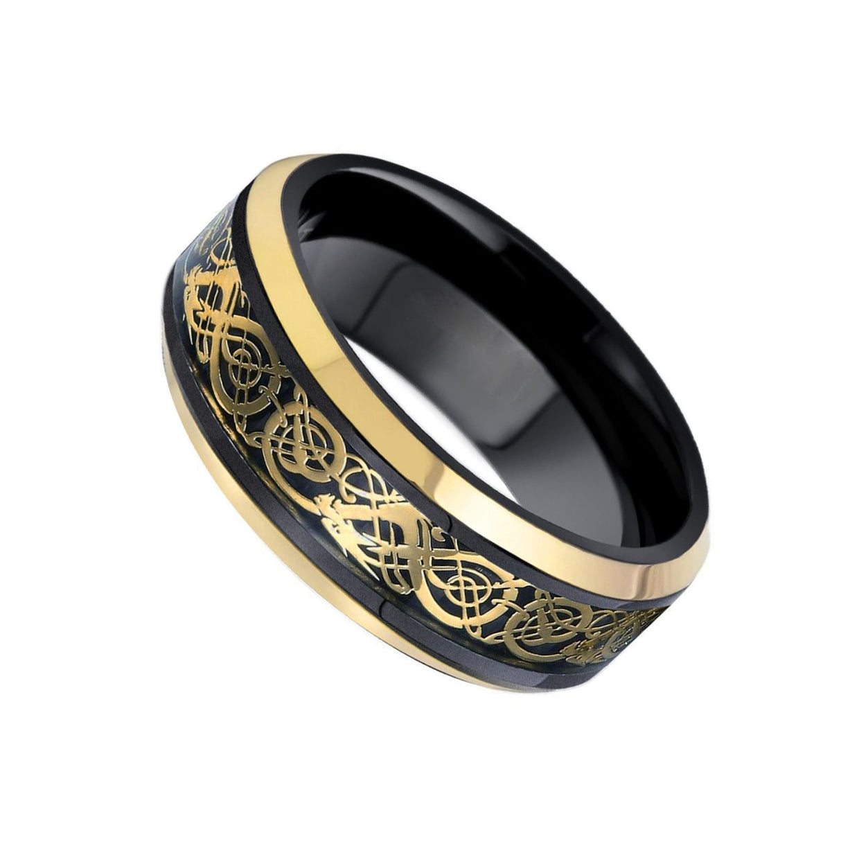 Yellow Gold Tungsten Carbide Ring with 18K Gold Dragon Inlay 8mm