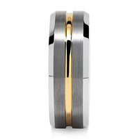 Silver Tungsten Carbide Wedding Ring with Single Grooved Gold Satin Center, 7mm