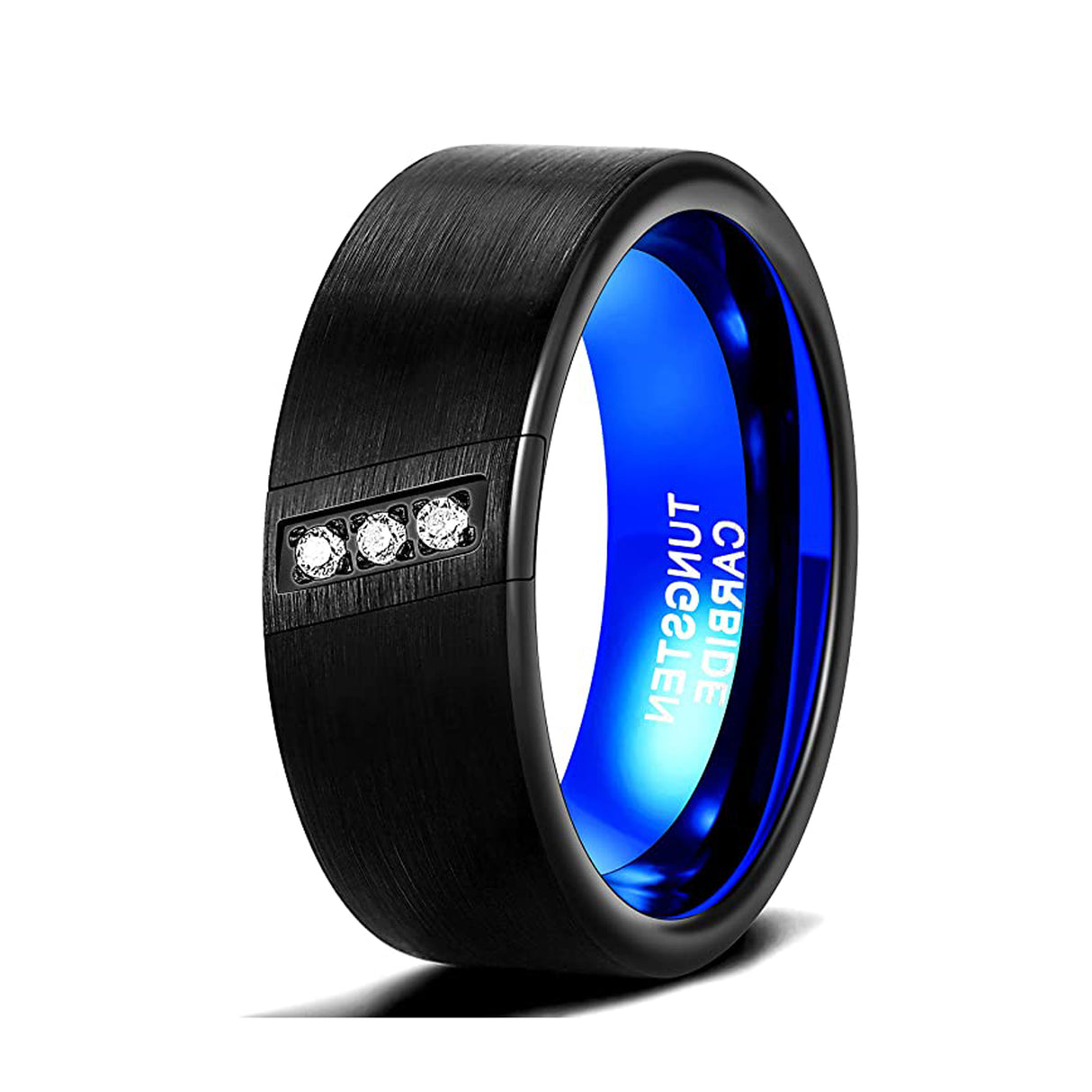 8mm Black Brushed Tungsten Wedding Band with 3 Cubic Zircon Diamonds