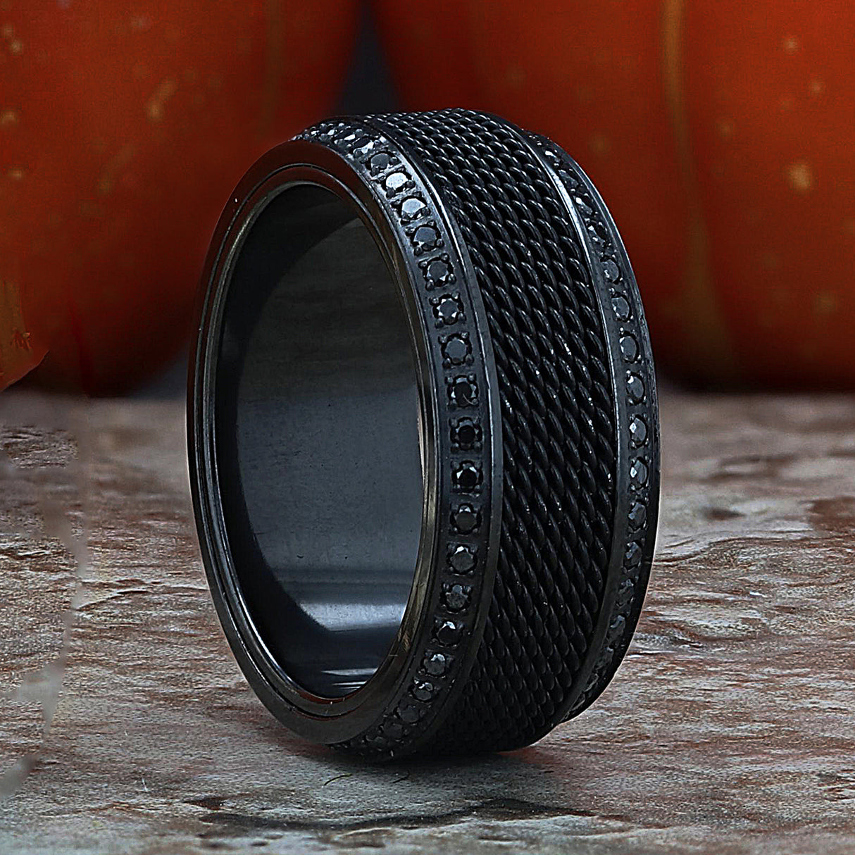10mm KNIGHT Steel Chain Black Titanium Wedding Ring with Round Black Diamonds