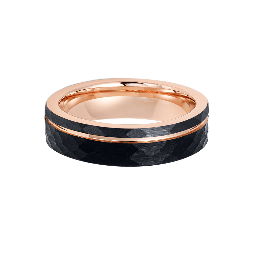 6mm Hammered Black Brushed Tungsten Carbide Wedding Band with Rose Gold Groove