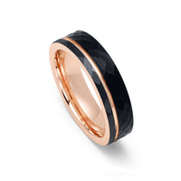 6mm Hammered Black Brushed Tungsten Carbide Wedding Band with Rose Gold Groove