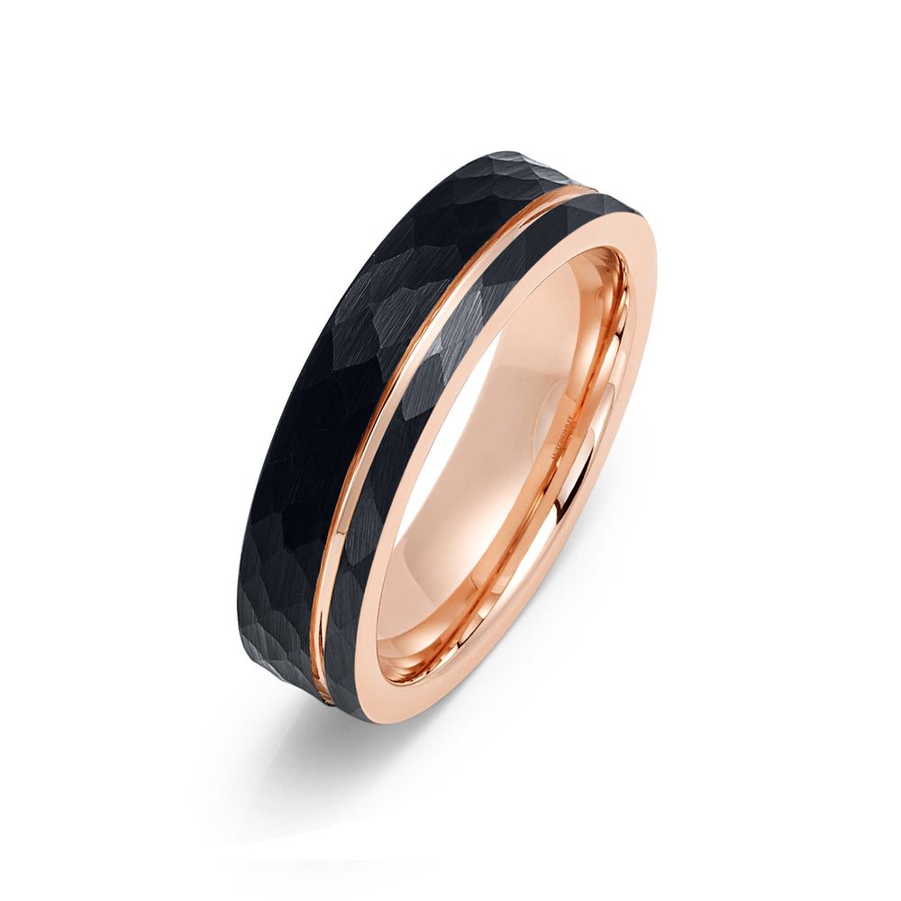 6mm Hammered Black Brushed Tungsten Carbide Wedding Band with Rose Gold Groove