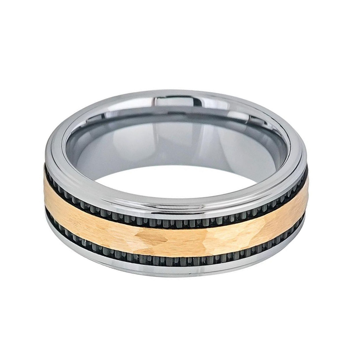 8mm Yellow Gold Hammered Tungsten Carbide Wedding Ring with Black Striped Sides