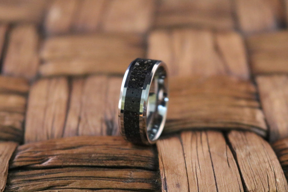 14k White Gold, Lava Rock Inlay, Polished Beveled Edges Wedding Ring  - 8mm