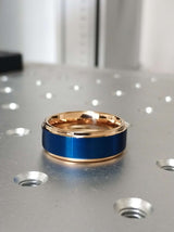 8mm - Tungsten Carbide Ring, Rose Gold and Blue, Brushed Wedding Band. Mens and Womens